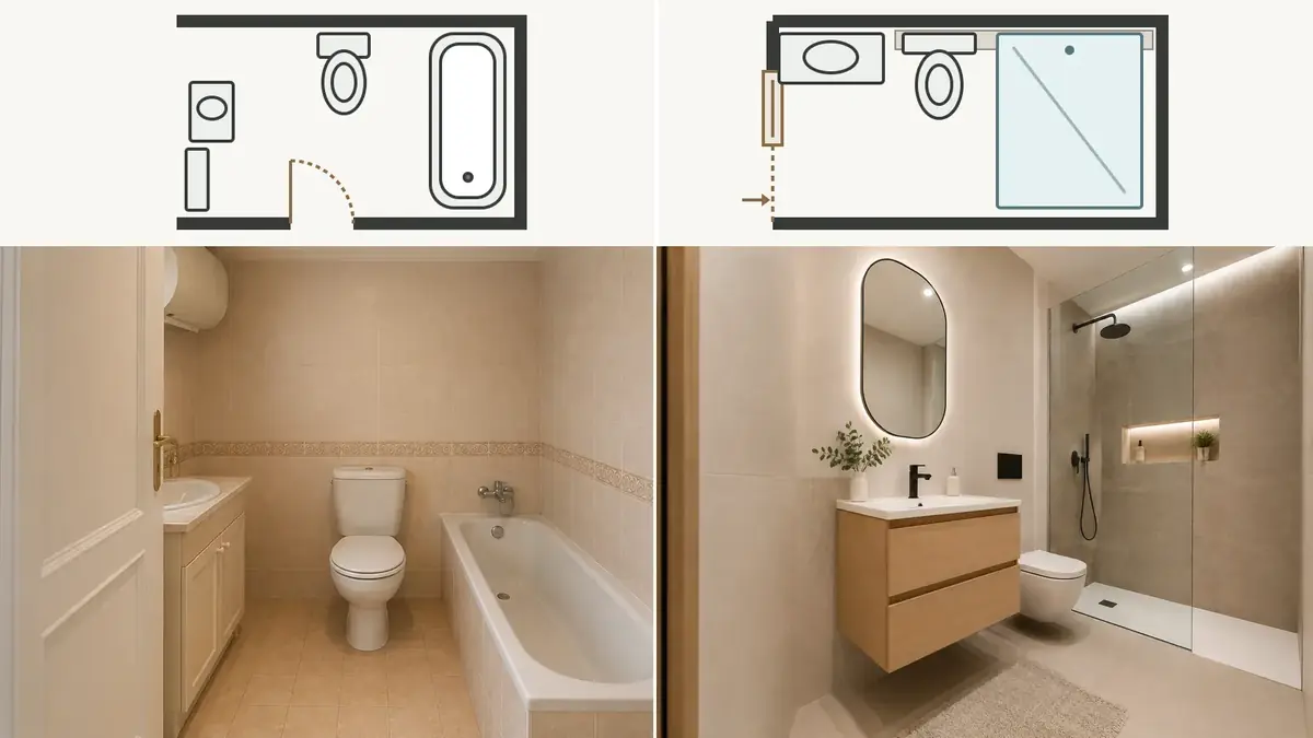 Baño reformado con nueva distribución, revestimientos e instalaciones