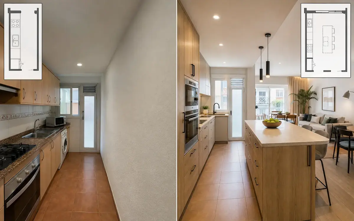 Ejemplo visual de reforma de nivel medio con cocina e interior renovados